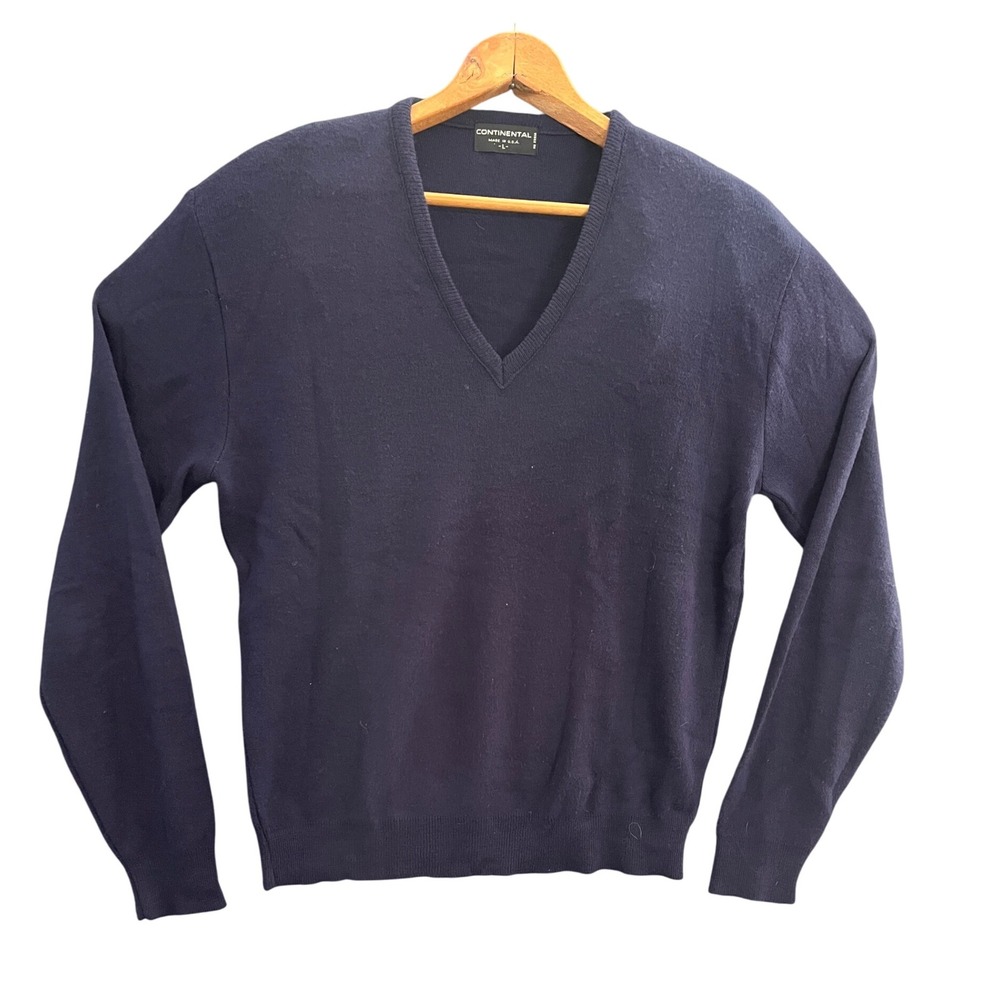 Vintage Continental V Neck Long Sleeve Sweater Navy Blue Mens Size L Made in USA